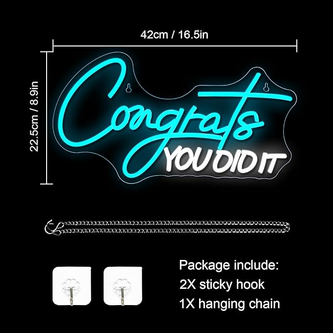WLHOPE Congrats You Did It Neon Sign Graduation Decorations 2025 16.5'' x 8.9'' Adjustable Blue White LED lights for Party College High School Class Graduation Gifts