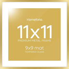 Homeforia 11x11 Picture Frame Gold, High End Metal 11 by 11 Square Frames with Mat 9 x 9 Photo, 11by11 Thin Poster Frame Matted to 9x9 inch Art, Wall Hanging Frames, Tempered Glass, Wall Kit, Set of 1