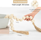 OMISHE 50" Long Extra Large Wood Bead Garland with 1.6" Diameter Wooden Beads and Tassels, Rustic Farmhouse Country Decorative Beads for Home Decor Tiered Tray Decor, Natural Beige