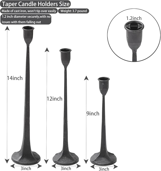 Black Taper Candle Holders Set of 3, Heavy Candlesticks Holders Decorative Candle Stand for Table Centerpiece, Cast Iron Candle Stick Holder Decor