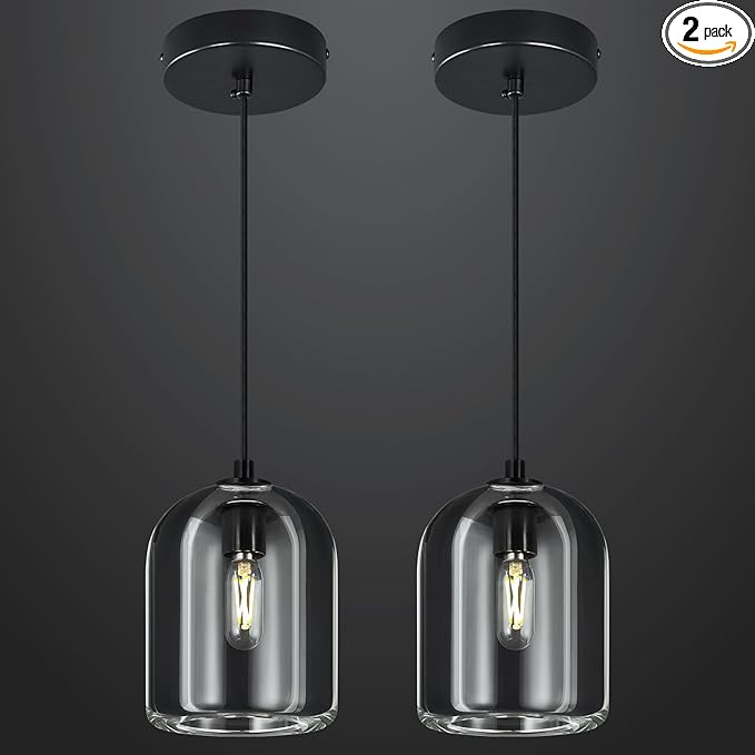 Modern Black Pendant Lights Kitchen Island Ceiling Chandelier Indoor Crystal Hanging Light Fixtures for Dining Room Kitchen Living Room Bedroom（2Pack）