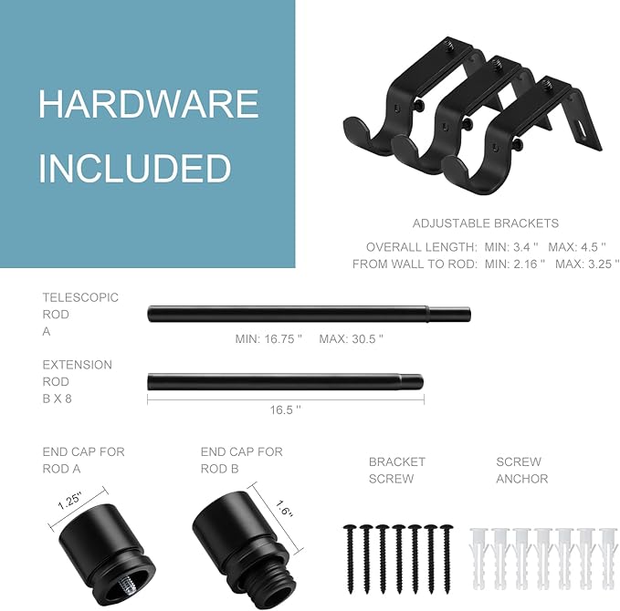 Curtain Rods for Windows 16 to 144 Inches Adjustable Length 1 Inch Diameter Window Curtain Rod with Aluminium Finials, Black
