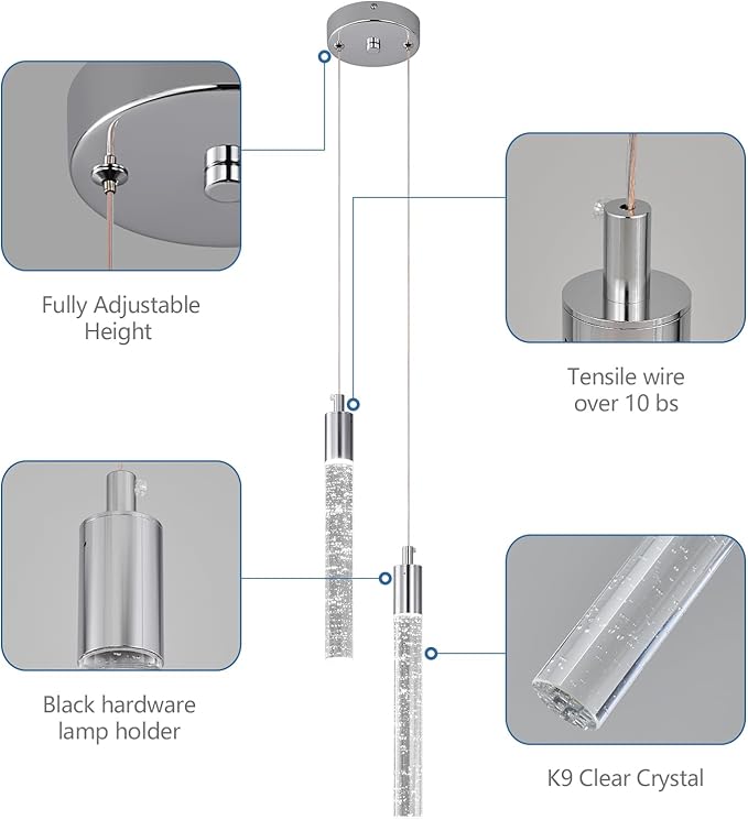 Modern Light Fixture Kitchen Island Pendant Light Dimmable LED Chrome Pendant Lights Mini Crystal Pendant Lighting for Bedroom Dining Room Living Room（2-Light ）