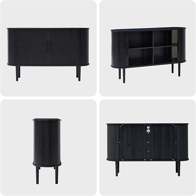 53''Sideboard Buffer Cabinet with Fluted Slide Doors, Modern Credenza Storage Cabinet, Tambour Bar Console Table for Living Dining Room Kitchen Hallway Entryway, Black