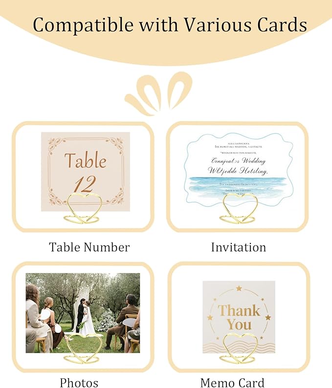 36 Pcs Heart Table Number Holders - Rust-Resistant Metal Place Card Stands for Weddings, Office & Home Decor (Gold)