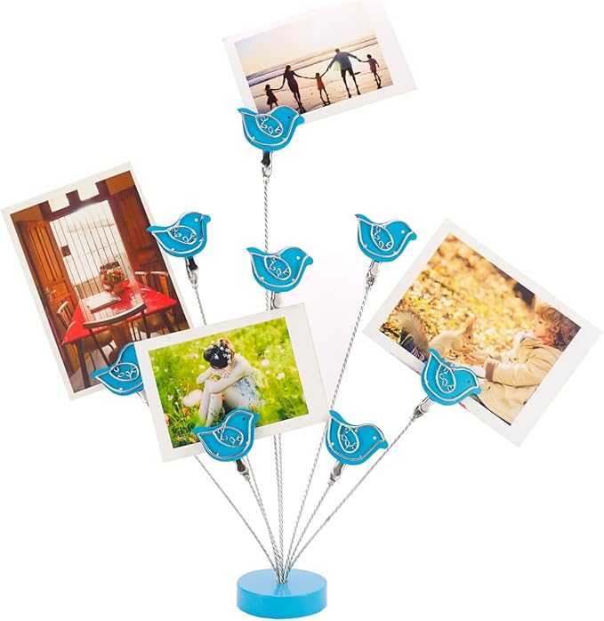 8-Branch Family Tree Picture Frame Holder, Card Photo Clips Holder Desk Stand for Memo Paper Note Photo Christmas Wedding Card Display (Blue Bird)