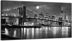 LevvArts - Black and White New York Picture Brooklyn Bridge Canvas Wall Art Full Moon Night Manhattan City Poster Canvas Print Framed Gallery Wrapped Modern Home Office Decoration