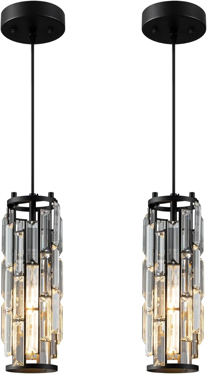 Pendant Lights Modern Black Pendant Light Mini Crystal Chandelier Pendant Lighting for Kitchen Island Dinning Room Bedroom Kitchen Sink Lighting (Black 2-Pack)