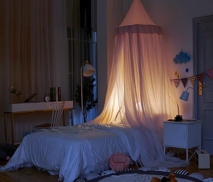 VETHIN Bed Canopy for with Lights,Double Layer Princess Round Dome Dreamy Mosquito Net Bedding Girls Room Castle Play Tent Hanging House Decor Reading Nook Canopies(Beige Pink/White)