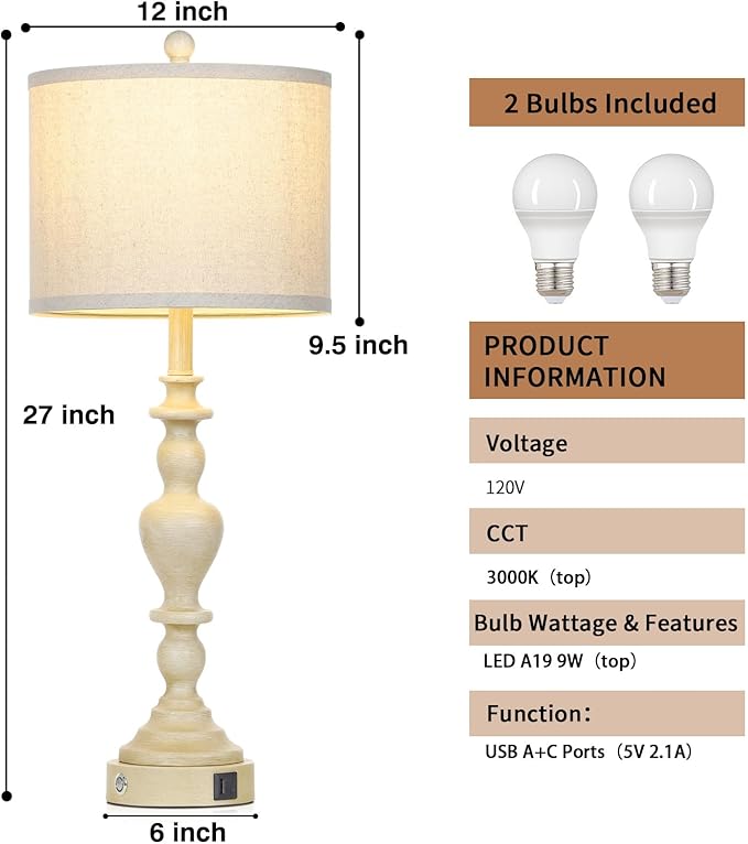 27" Vintage Farmhouse Table Lamps for Living Room Set of 2, Rustic Nightstand Lamps with USB C+A Ports, 3-Way Dimmable Retro Bedside Lamps for Bedroom Office 2 LED Bulbs Included Washed Antique Beige