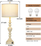 27" Vintage Farmhouse Table Lamps for Living Room Set of 2, Rustic Nightstand Lamps with USB C+A Ports, 3-Way Dimmable Retro Bedside Lamps for Bedroom Office 2 LED Bulbs Included Washed Antique Beige