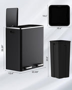 Arlopu 16 GallonStainless Steel Trash Can, 60L Dual Compartment, Metal Kitchen Step Recycle Bin, Metal Double Dustbin, in-Home Garbage Rubbish Can W/Removable Liner Buckets (Black)