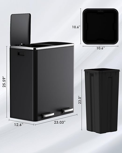 Arlopu 16 GallonStainless Steel Trash Can, 60L Dual Compartment, Metal Kitchen Step Recycle Bin, Metal Double Dustbin, in-Home Garbage Rubbish Can W/Removable Liner Buckets (Black)