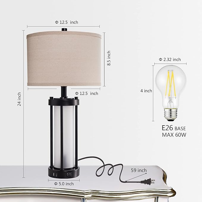 RORIA Set of 2 Modern Table Lamps for Living Room with 2 USB Ports, White Frosted Glass Nightlight for Bedroom, Contemporary Desk Lamps for Nightstand End Table Entryway, 4 Bulbs Included (Black)