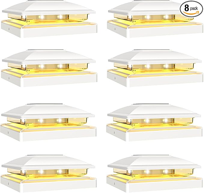 VOLISUN Solar Post Cap Light Outdoor,Solar Fence - Post Lights Waterproof for 4x4/5x5/6x6 Wooden/Vinyl Post,White Deck Cap Light Solar Powered with Warm White for Garden/Patio/Porch 8pack