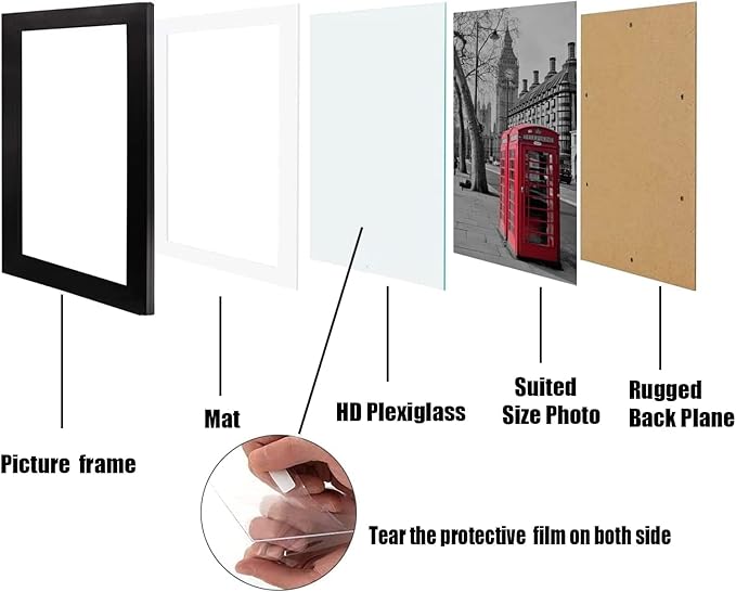 8x8 Picture Frame Set of 6, Display Pictures 5x5 with Mat or 8x8 Without Mat for Wall Mounting or Table Top Display,Black