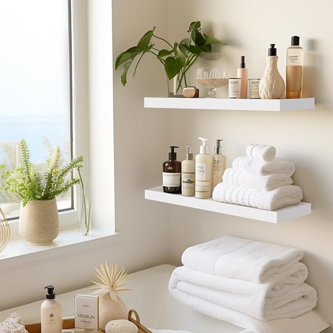 LaVie Home Floating Shelves, 15.6 Inch Wall Shelf Set of 3, Hanging Shelf with Invisible Brackets, Wall Decor for Bathroom, Bedroom, Living Room, Kitchen Storage, Modern White