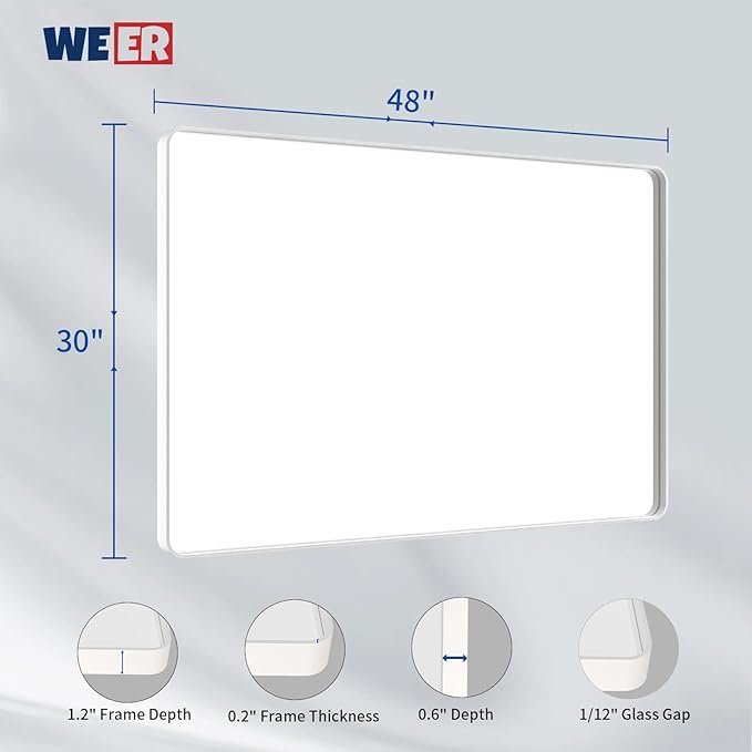 WEER White Bathroom Mirror 48X30 Inch, Rounded Rectangle White Metal Frame Mirror, Matte White Bathroom Vanity Mirror with Tempered Glass, Anti-Rust, Hangs Horizontally or Vertically
