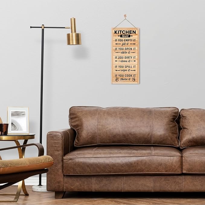 Hanging Kitchen Rules Wooden Sign, Rustic Kitchen Decor, Printed Wall Art, Funny Farmhouse Wall Decor