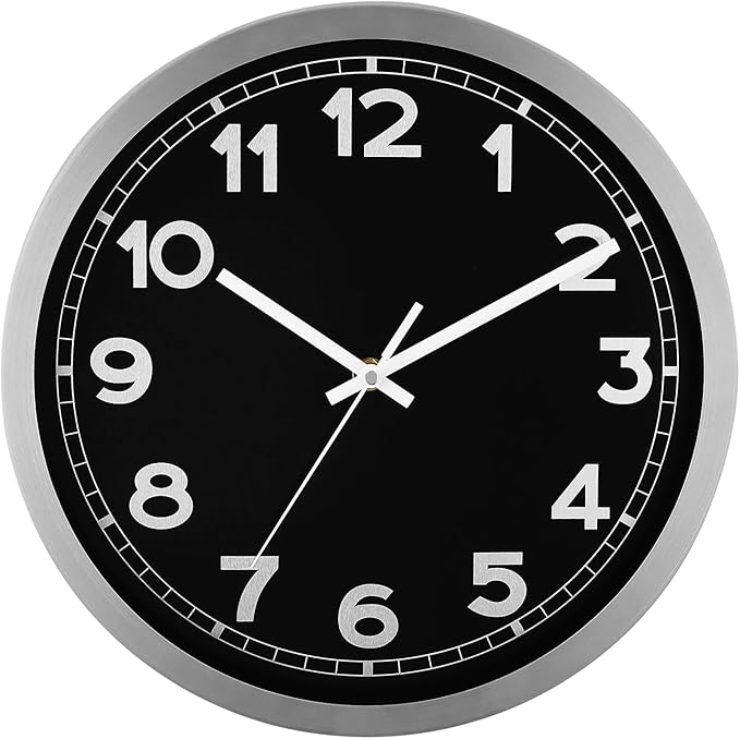 Plumeet Wall Clock, 12 Inch Battery Operated Wall Clock with Silver Aluminum Frame, Non Ticking Silent Metal Wall Clocks Decorative Kitchen Living Room Bedroom, Black