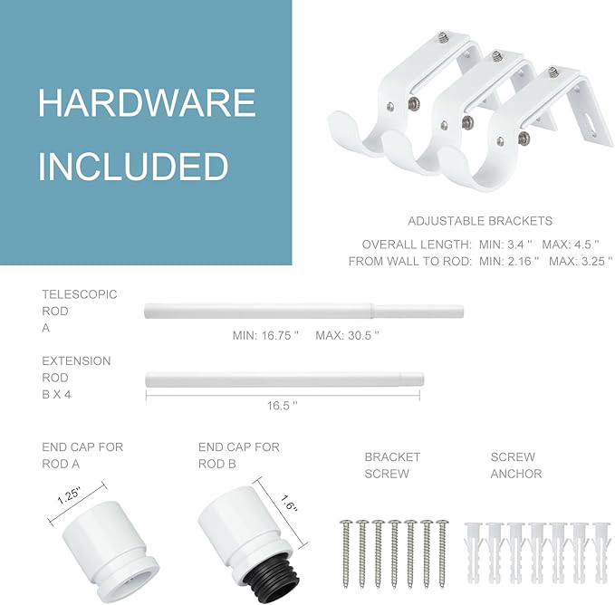 Curtain Rods for Windows 16 to 88 Inches Adjustable Length 1 Inch Diameter Window Curtain Rod with Aluminium End Cap, White