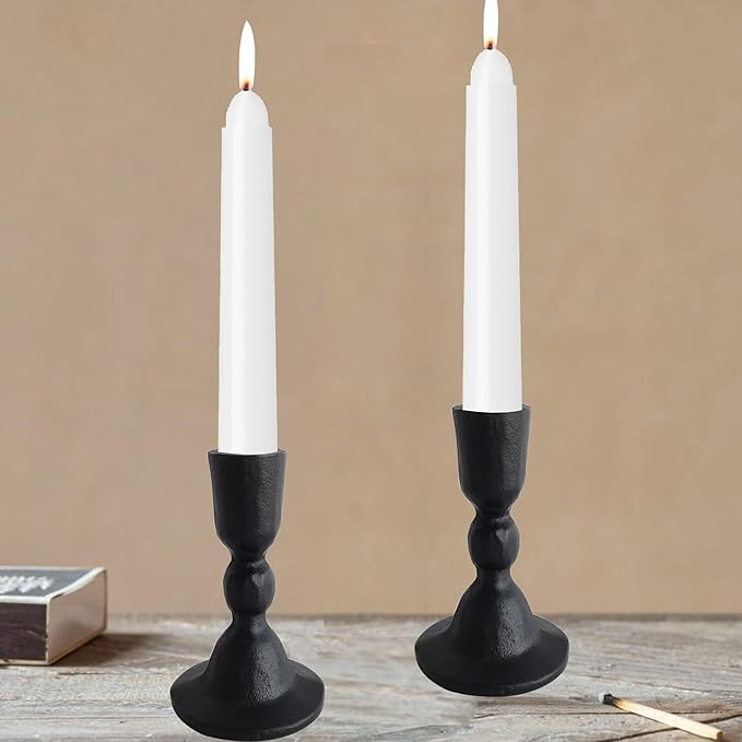 Antique Black Iron Taper Candle Holders - Candlestick Holder for Weddings, Dining, and Parties, Candle Stand Set of 2 (Black)