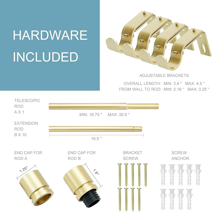 Curtain Rods for Windows 16 to 170 Inches Adjustable Length 1 Inch Diameter Window Curtain Rod with Aluminium Finials, Warm Gold