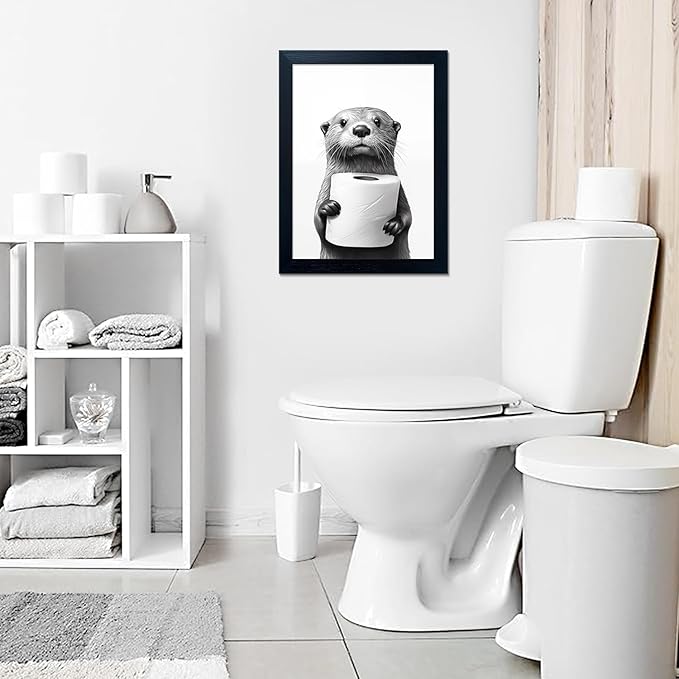 Black and White Bathroom Wall Art, Funny Bathroom Wall Decor, Toilet Paper in Raccoon's Hand Art Decor, Framed Animal Painting for Wall