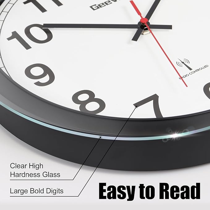 Geevon Atomic Wall Clock, 12" Sets Automatically Wall Clock Battery Operated with AUTO DST, Easy to Read Atomic Analog Clock for Kitchen/Office/Classroom/Living Room(Black)