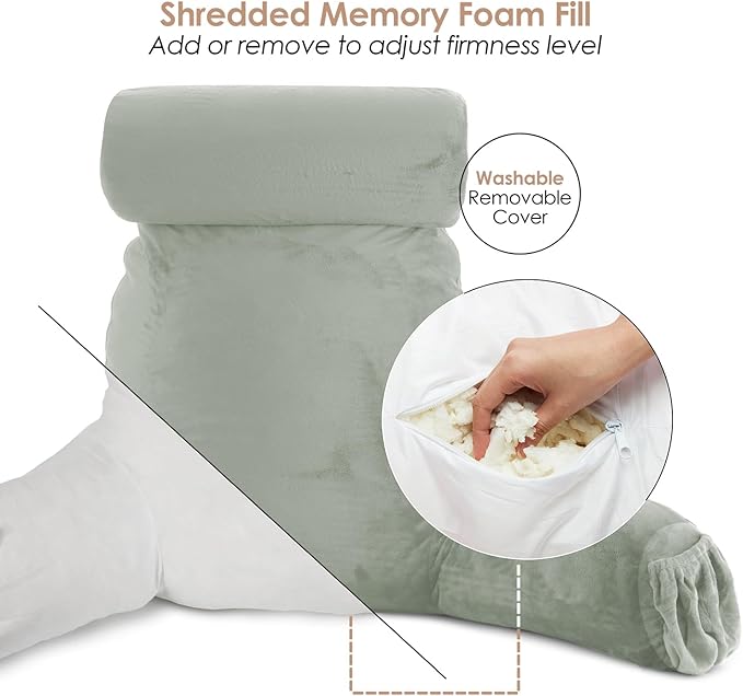 Nestl Reading Pillow Large Bed Pillow, Back Pillow for Sitting in Bed Shredded Memory Foam Chair Pillow, Reading & Bed Rest Pillows Sage Green Back Pillow for Bed, Bed Chair Arm Pillow with Pockets