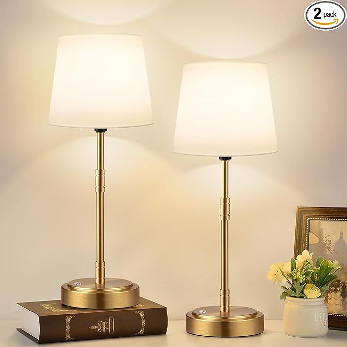 Cordless Table Lamps Set of 2 – Battery Operated Lamp with 7500mAh Rechargeable Battery, Stepless Dimmable Vintage Brushed Gold Desk Wireless Lamps for Dining Room, Nightstand & Patio (Bulbs Included)
