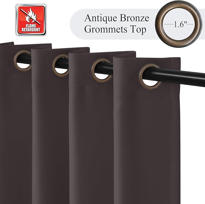 Fcosie 52"Wx120"L Inherent Flame Retardant Curtains - Room Darkening Drapes for School Classroom Dorm Nursing Home Restaurant- Antique Bronze Grommet Top Privacy Window Drapery - Chocolate - 2 Panels