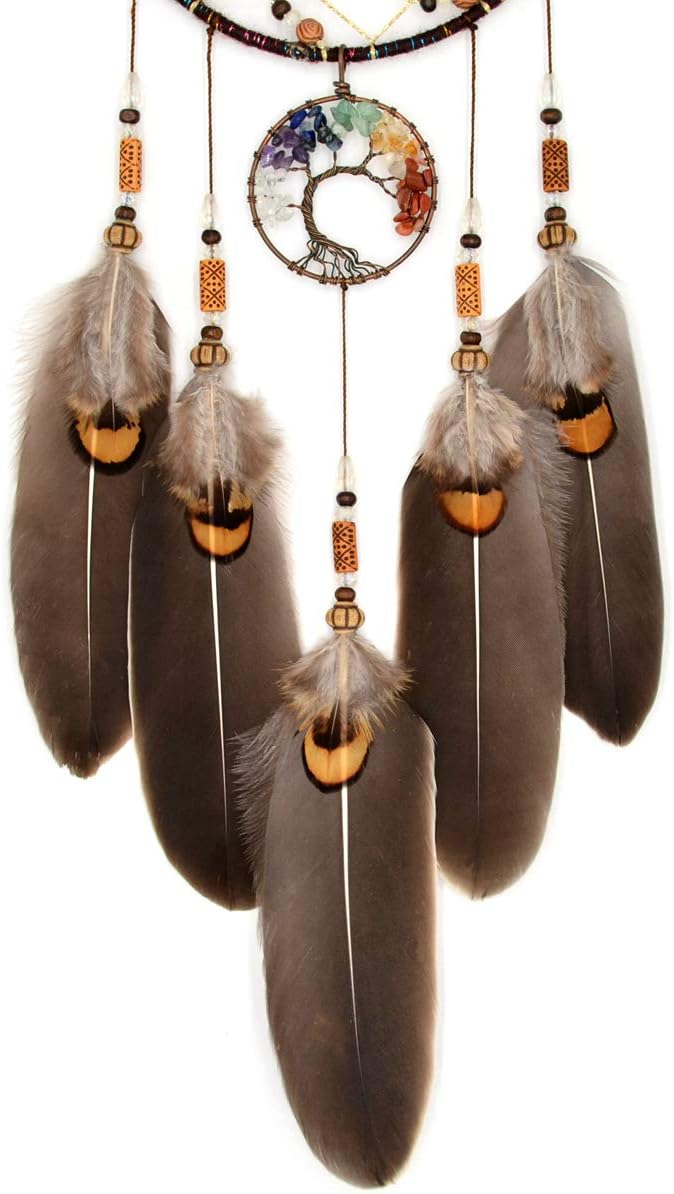 Urdeoms Tree of Life Dream Catchers for Bedroom Adult Brown Boho Dream Catcher Wall Decor for Girls Chakra Crystal Healing Stones Hanging Ornament Room Decoration 18" Length(NO.12)
