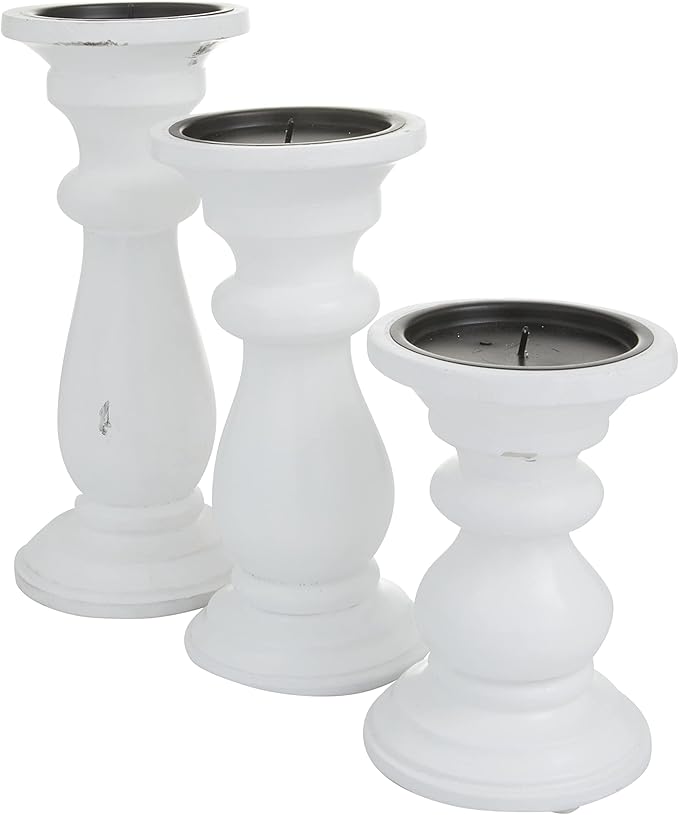 Deco 79 Mango Wood Turned Style Pillar Candle Holder, Set of 3 10", 8", 6"H, White