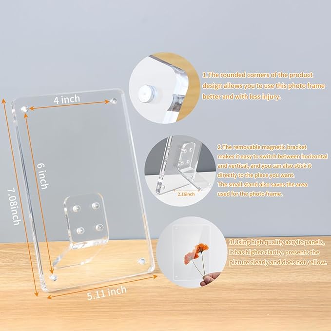 4x6 Acrylic Picture Frames Clear Tabletop and Magnetic Photo Frame for Refrigerator with Removable Magnetic Stand for Home/Office Desk/Table Picture/Note Display, 2 Pack
