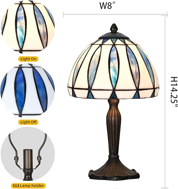 TL0034 Tiffany Style Table Lamp with Stained Glass Shade, Vintage Bronze Base W 8" x OH 14.25", Great for Home Office Small Space, LED Bulb Included (Blue White)