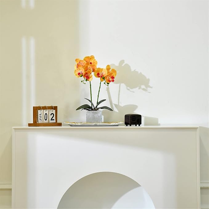 Artificial Potted Orchid Faux Phalaenopsis Silk Flowers Bonsai Realistic Arrangement in Silver Vase for Home Decoration Table Centerpiece, Orange