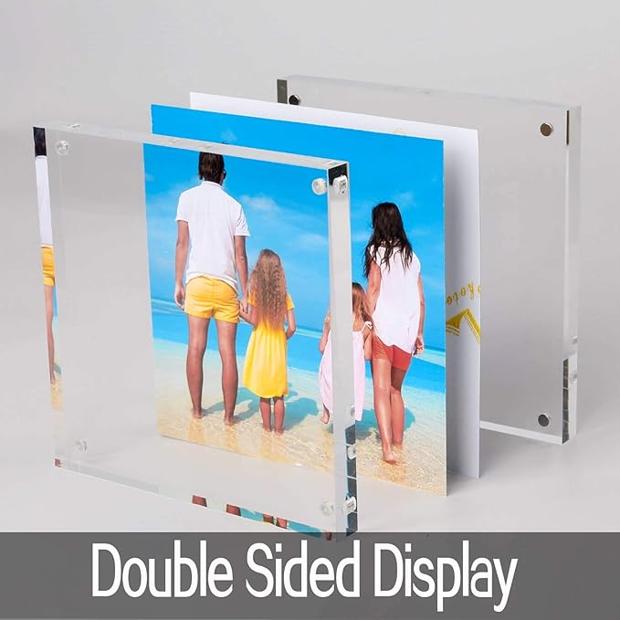 Meetu Acrylic 5x5 Picture Frame 2 Pack Clear Two Sided Desk Photo Frame Magnetic Frame Inner Size 4x4 with Gift Pack for Display Family Pictures Baby Photos Friends Pictures Pet Dog Picture