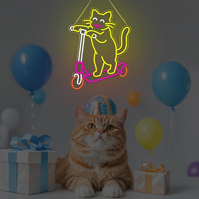 Cute Cat Neon Sign, Skateboard Neon Signs for Wall Decor Dimmable USB Room Decor for Teen Girl, Party, Bedroom, Pub, Furniture, Gifts for Birthday, Christmas (Skateboard Cat-Yellow)
