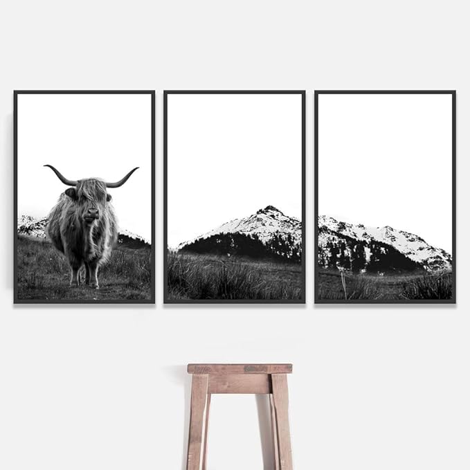 SIGNWIN 3 Piece Framed Canvas Wall Art Highland Cattle in Front of Snowy Mountain Duotone Black and White Canvas Prints Home Artwork Decoration for Living Room,Bedroom - 16"x24"x3 Panels