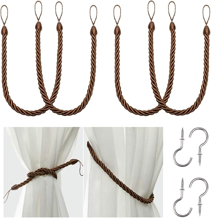 BEL AVENIR Curtain Rope Tiebacks, Drapery Rope Holdbacks with 4 Metal Screw Hooks (Coffee, 4pack)