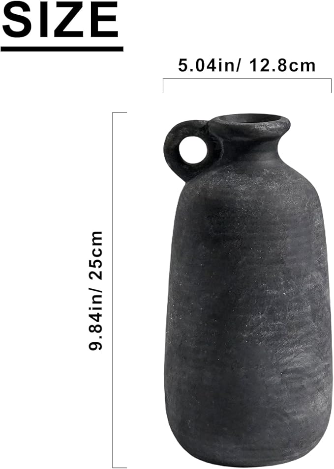 Sunddo Rustic Farmhouse Vase with Handle, 10 inch Black Ceramic Flower Vase, Terracotta Clay Stone Pottery, Black Kitchen Decor, Entryway Shelf Living Room Table Decor