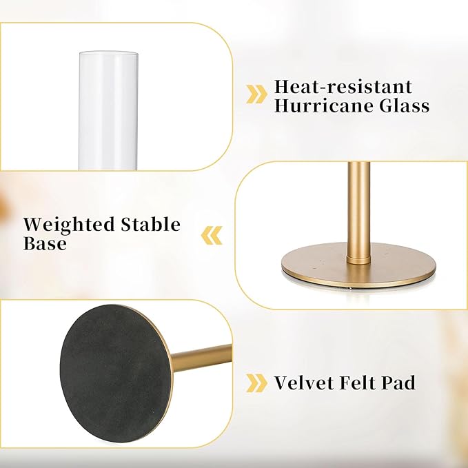 Glasseam Hurricane Glass Candlestick Holder, Set of 6 Matte Gold Candle Holders with Cylinder Chimney Rustic Tall Taper Candleholder for Table Centerpieces Wedding Dining Table Christmas Decoration