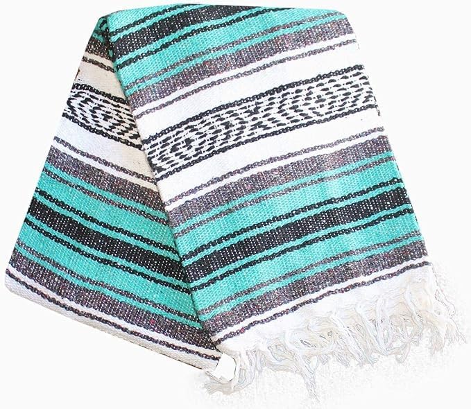 Del Mex Classic Mexican Blanket, Large Authentic Woven Falsa Throw (70"x50"), Artisan Southwest Décor for Beach, Yoga, Outdoors (Teal)