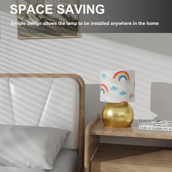 Set of 2 Gold Small Bedside Table Lamps with Rainbow Cloud Pattern Shades (Bulb Included)