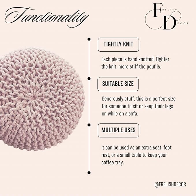 FRELISH DECOR Round Pouf Ottoman Hand Knitted 100% Cotton Pouf Foot Stool - Knitted Bean Bag - Floor Chair for Living Room Bedroom - Foot Rest for Couch (20 Diameter x 14 Height) - Cloud Pink