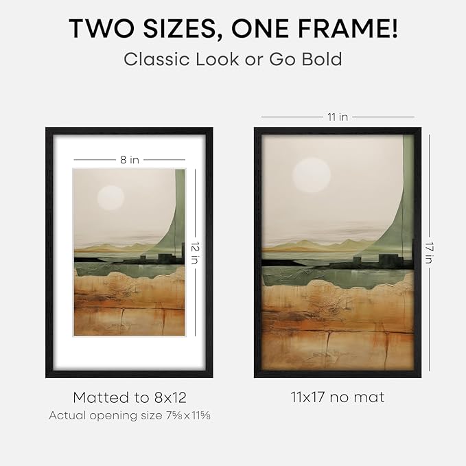 Homeforia 11x17 Picture Frame Black Wood, High End Oak 11x17 Poster Frames with Mat 8x12, 11 x 17 Wooden Frame Matted to 8 x 12 inch Photo, 17x11 Thin Hanging Frame, Tempered Glass, Wall Kit, Set of 1