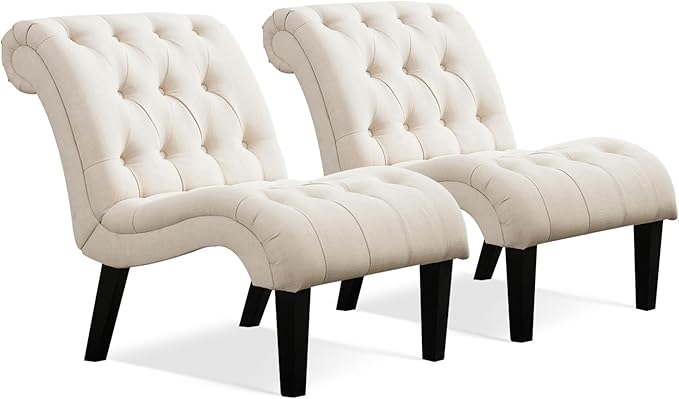 Yongqiang Accent Chairs for Living Room Set of 2 Upholstered Tufted Bedroom Chairs Curved Armless Side Chairs with Wood Legs Linen Fabric