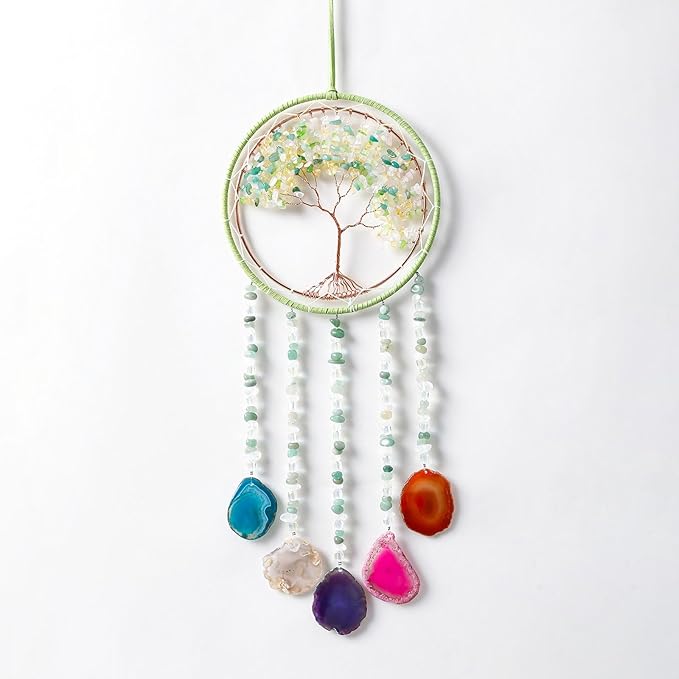 Agate Gemstone Dream Catcher 7 Chakras Sycamore Tree of Life Dream Catcher with Healing Crystal Stones Handmade Dreamcatcher Wall Decor for Adults Boys Girls,Bedroom,Wedding,Garden,Bless Gift