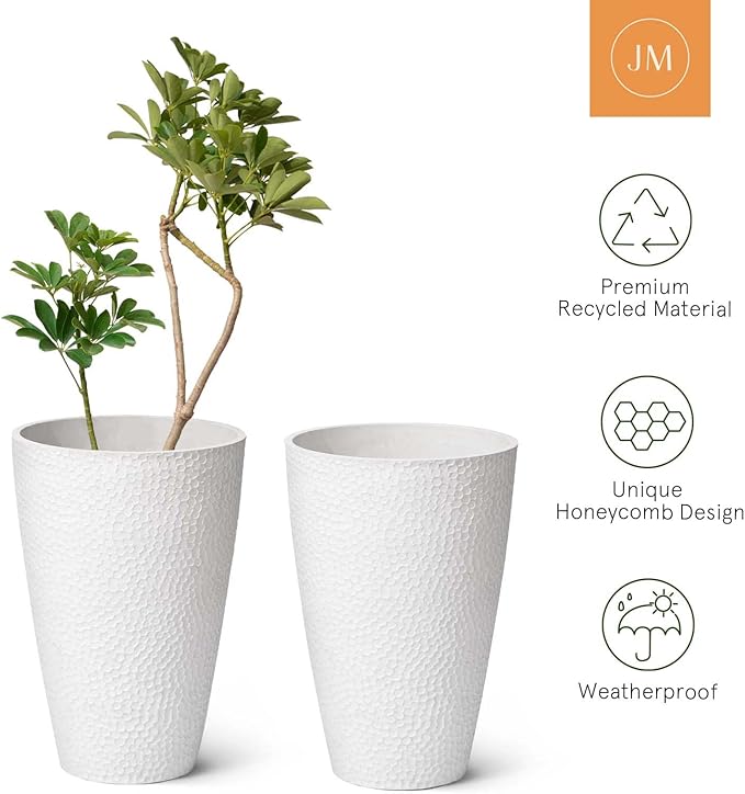 LA JOLIE MUSE 20inch Tall White Planters Set of 2,Large Tree Planters for Indoor Plants,Flower Containers for Front Porch, Honeycomb